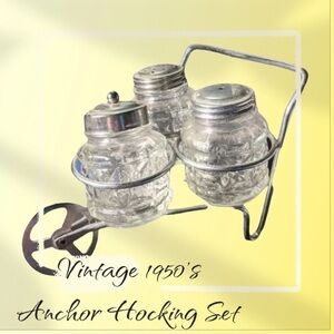 Vintage 1950s Anchor Hocking Wheel Barrow Condiment Caddy Set
